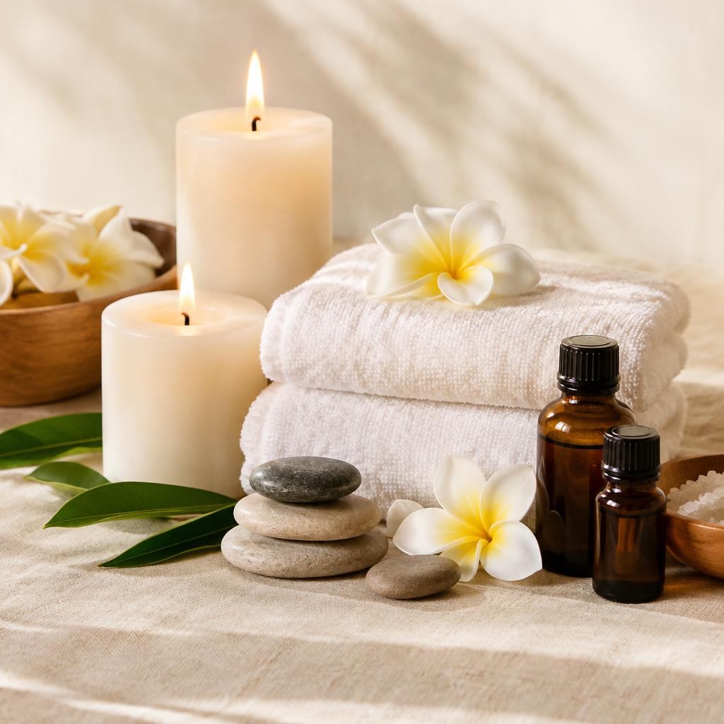 Rolled towels, candles and oils arranged on cream linen